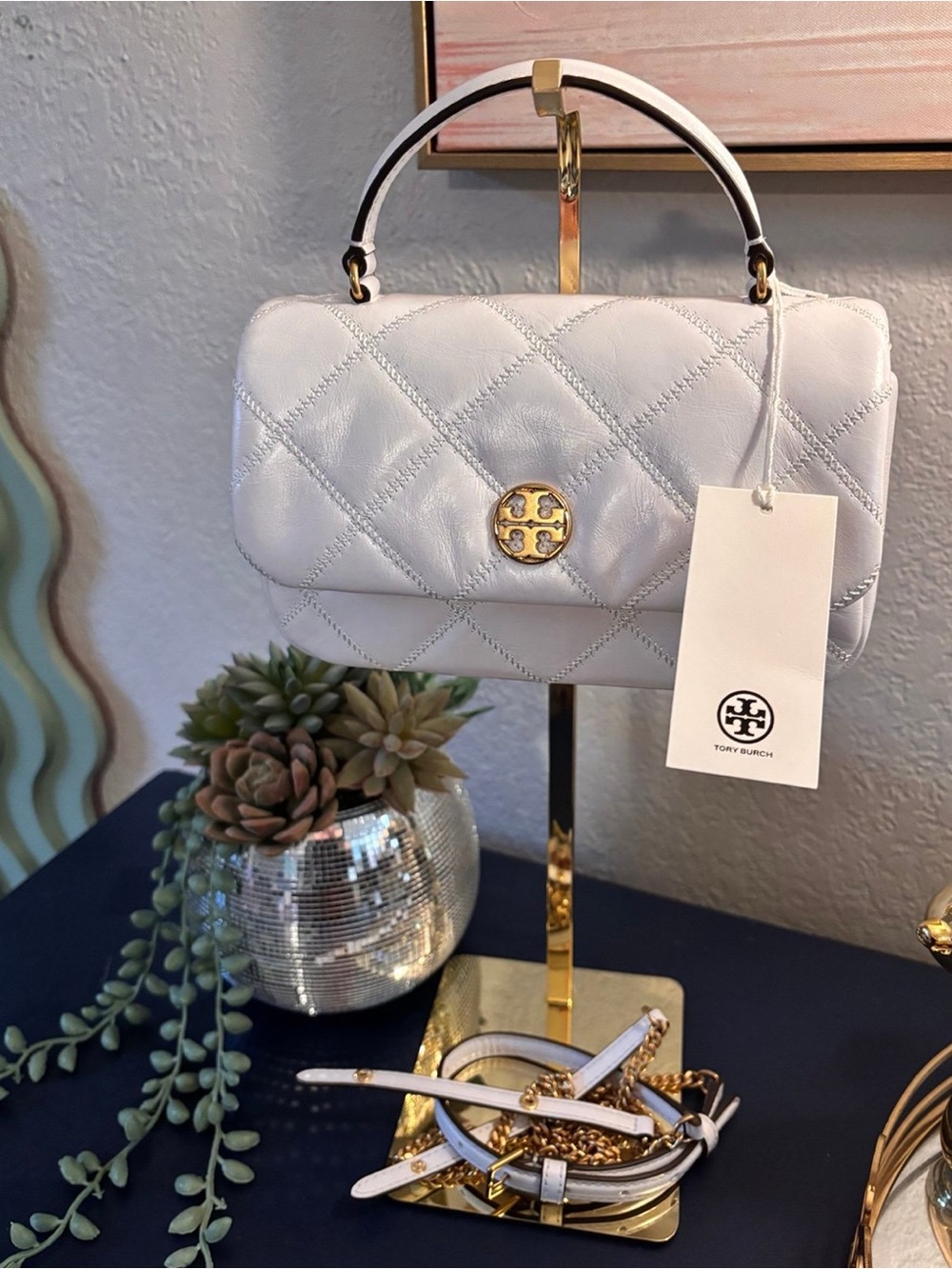Tory Burch Light Gray Quilted Leather Shoulder Bag with Gold Hardware